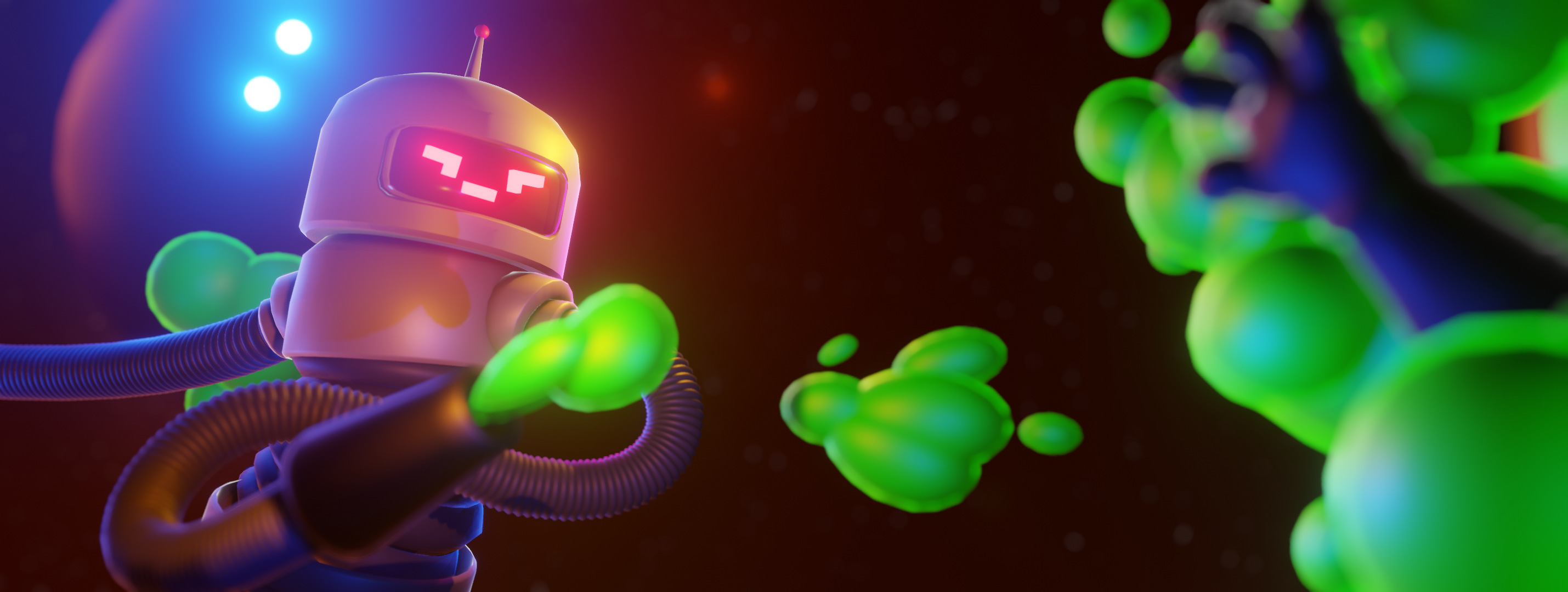 Robot de Wopa Interactive rodeado de formas verdes